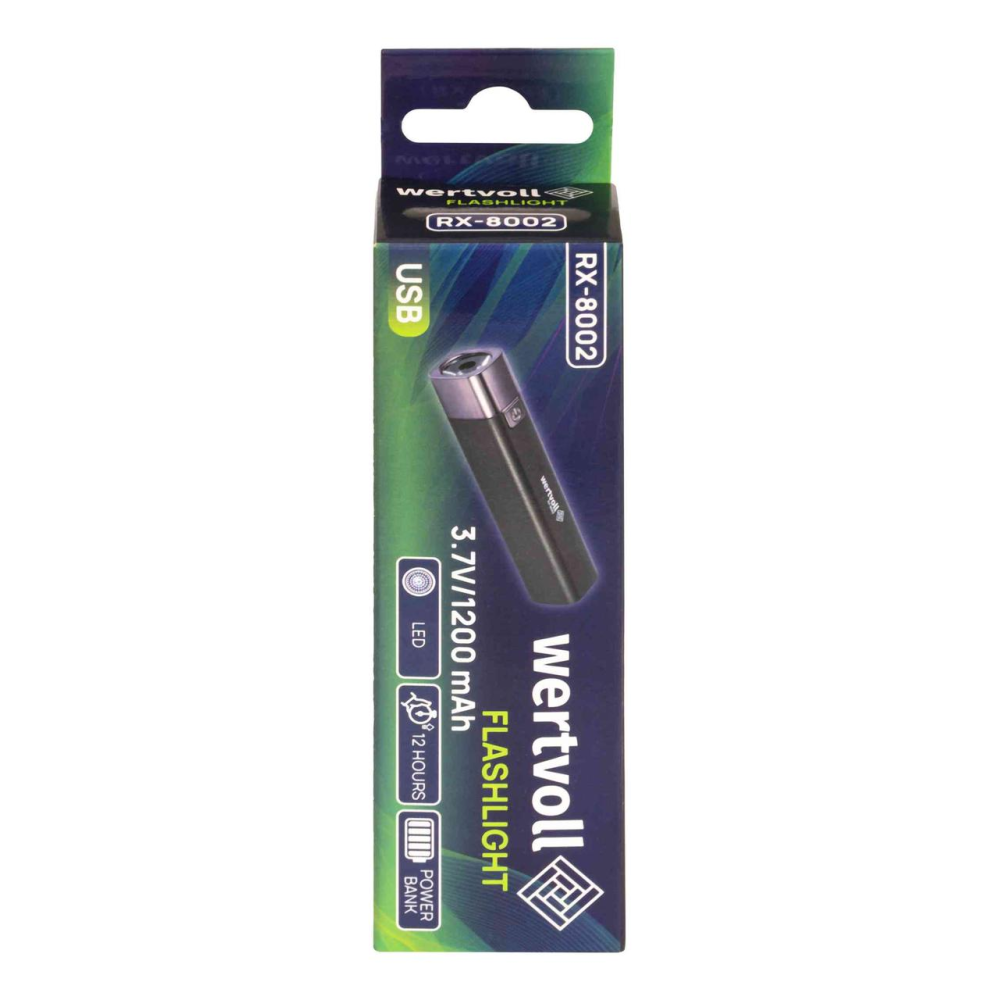 Фонарь WERTVOLL 3 режима LED Li-ion 1200 mAh/t 7000 K/80 lum powerbank ABS 122х25 мм BLACK RX-8002