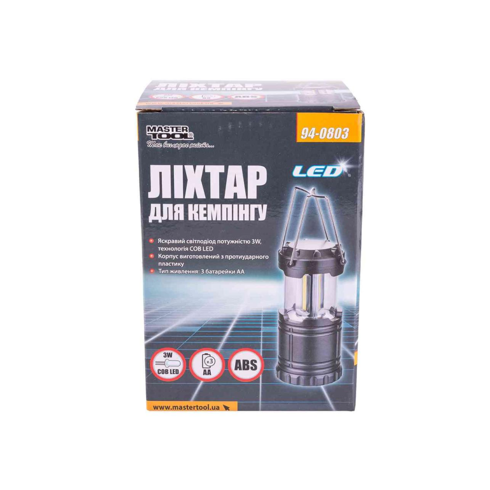 Фонарь раздвижной для кемпинга MASTERTOOL 180х86 мм COB LED 3xAA ABS 94-0803