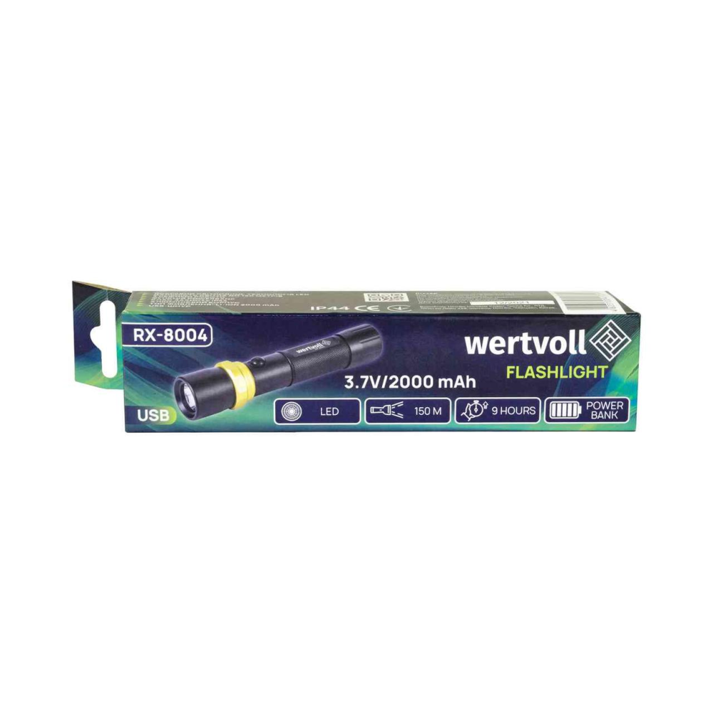 Фонарь WERTVOLL 3 режима LED IP44 Li-ion 2000 mAh/t 7000 K/240 lum powerbank AL 168х36 мм RX-8004