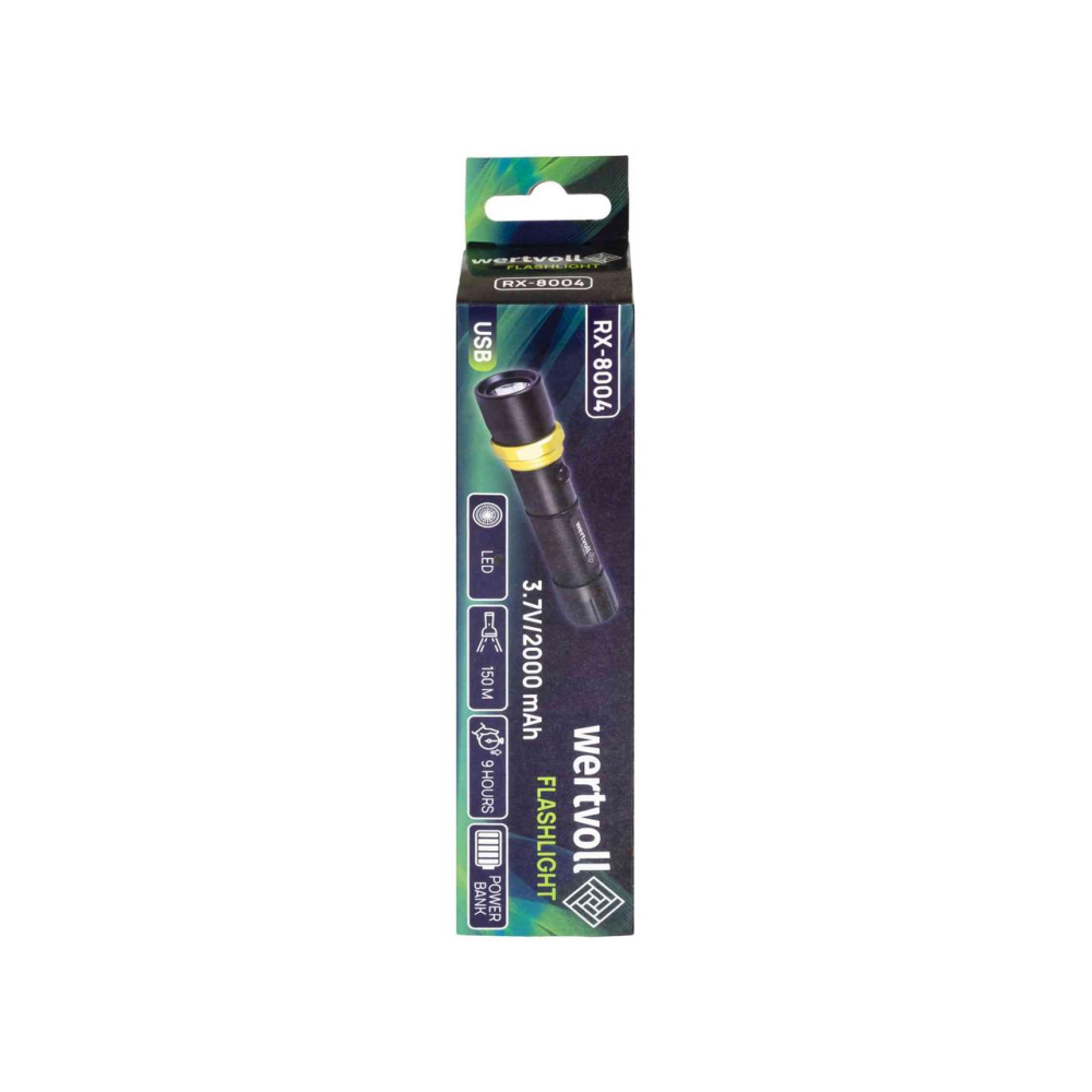 Фонарь WERTVOLL 3 режима LED IP44 Li-ion 2000 mAh/t 7000 K/240 lum powerbank AL 168х36 мм RX-8004
