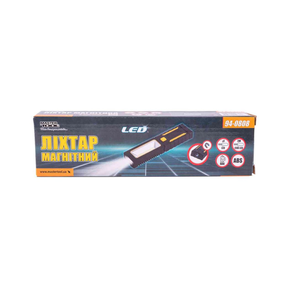 Фонарь магнитный с подвесом MASTERTOOL 220х54х28 мм 4xLED+COB LED 3xAAA ABS 94-0808