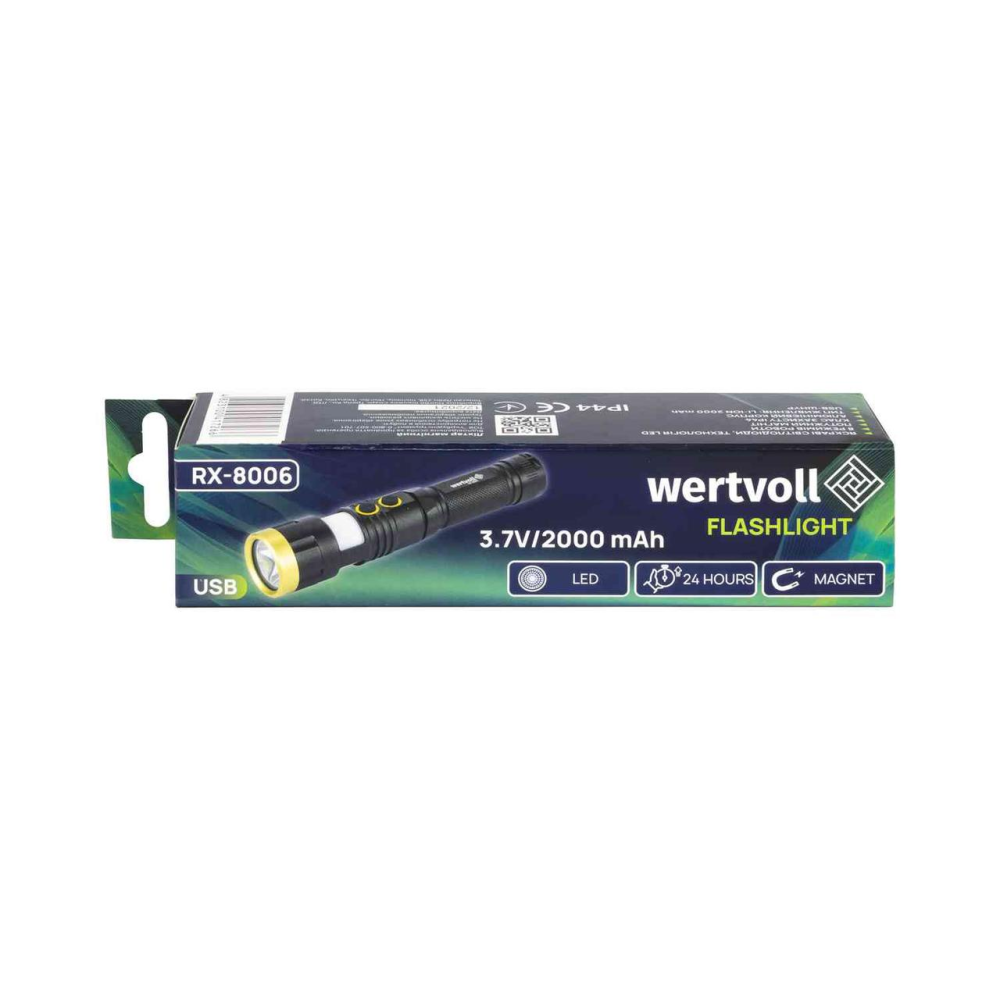 Фонарь магнитный WERTVOLL 8 режимов LED+WHITE/RED/BLUE IP44 Li-ion 2000 mAh/t 7000 K/300 lum AL 157х32 мм RX-8