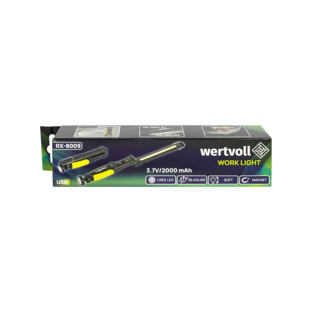 Фонарь инспекционный магнитный складной WERTVOLL CREELED/COBLED IP44 Li-ion 2000 mAh/t 7000 K/450 lum ABS 410х