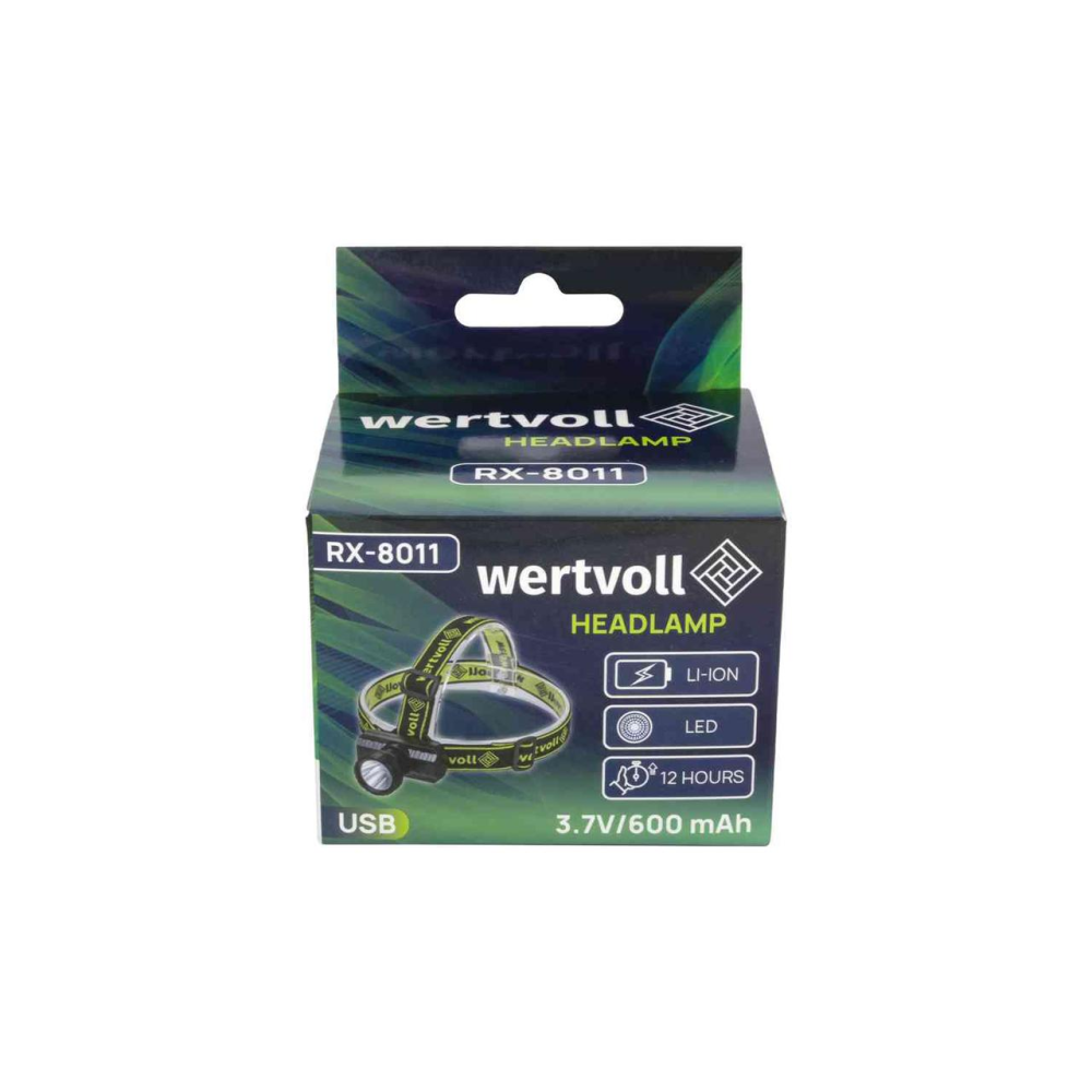 Фонарь налобный WERTVOLL 3 режима LED IP44 Li-ion 600 mAh/t 8000 K/90 lum ABS 71х62х37 мм RX-8011